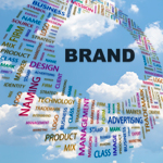 Marketing buzzwords forming a circle around the word Brand set on a cloudy sky.
